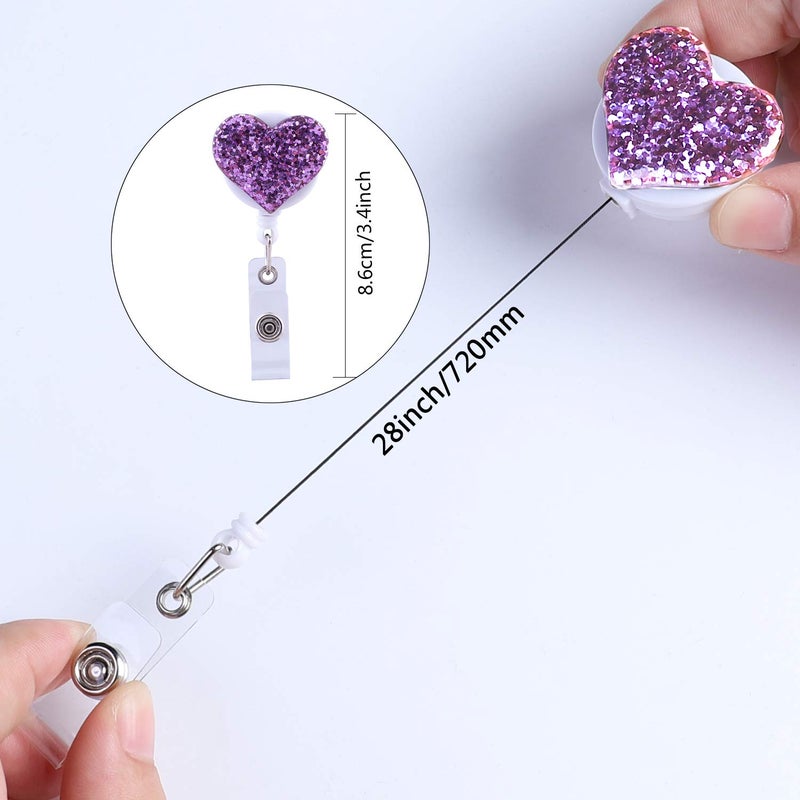 Soleebee 28'' Retractable Badge Reel with Belt Clip, Glitter Love Heart Nurse ID/Name Badge Holder 1 Pack (Purple) - Image 3